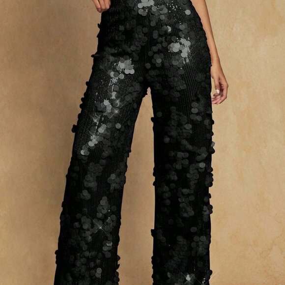 Black Party Women's High Waist Sequin detailed Wide Leg Long Pants - Picture 2 of 4
